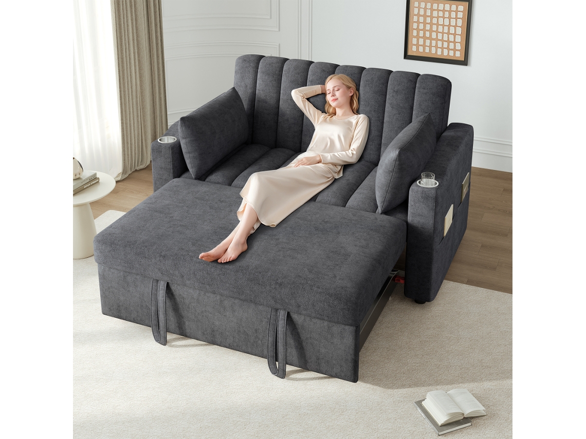 Sofá-cama Multifuncional De 2 Lugares Com Encosto Ajustável E Porta-copos, Cinza.