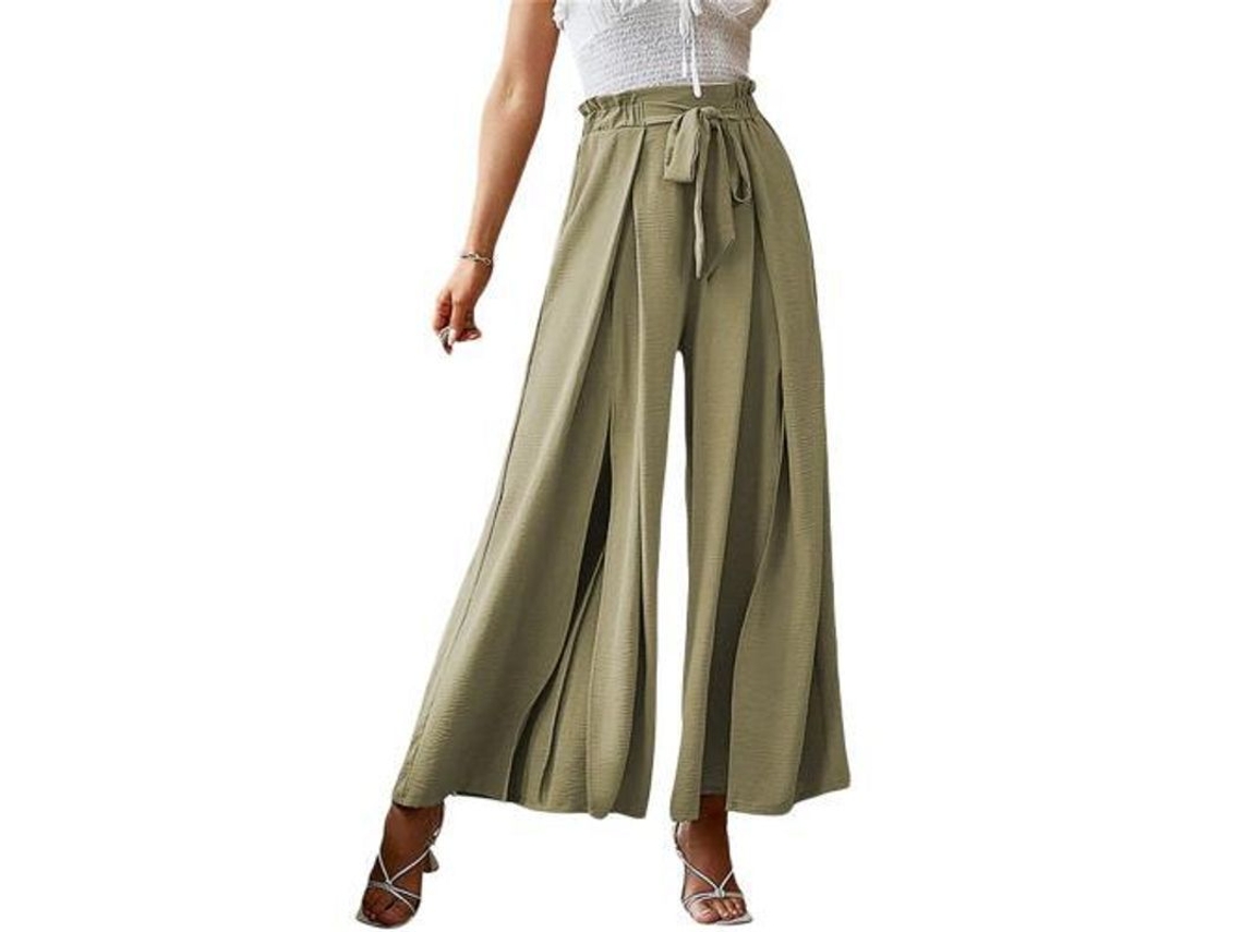 Calças Femininas Elegantes de Cintura Alta com Ruched e Split S/MARCA