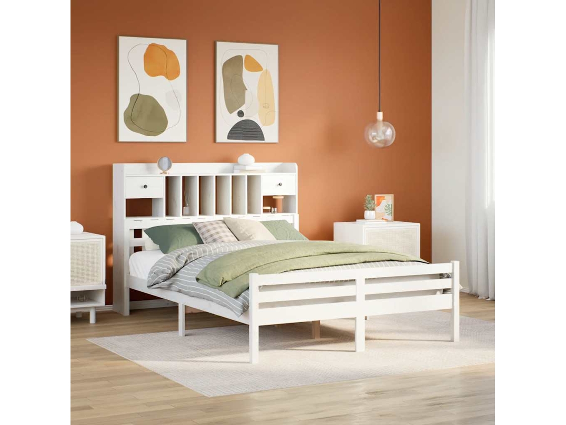 Vidaxl Cama Com Estante Sem Colchão 150x200 Cm Pinho Maciço Branco