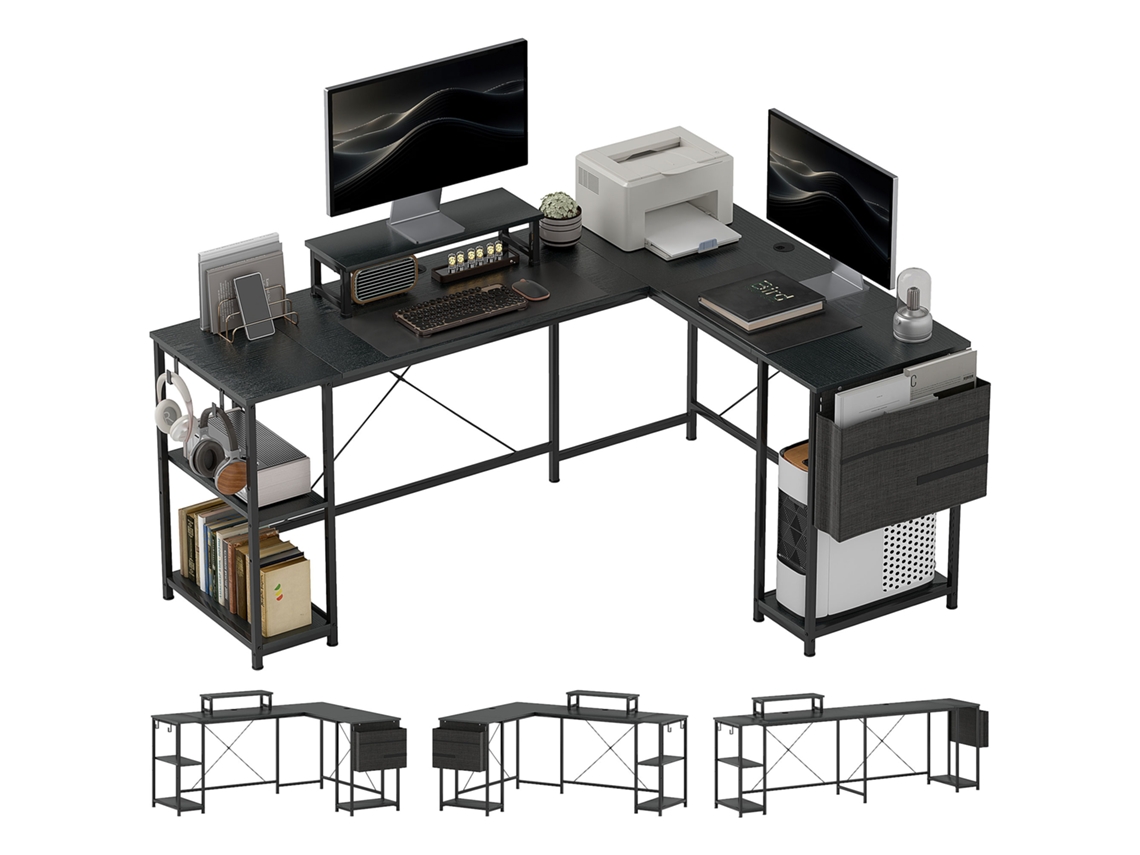 Mesa de Escritório Angular Reversível 168 240cm Estilo Industrial prateleira ajustável suporte para Monitor BTFORUS