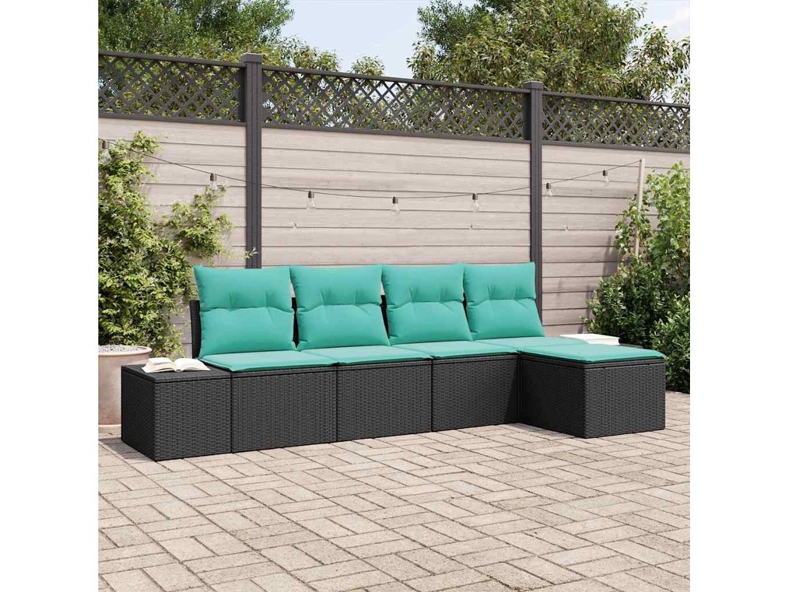 Vidaxl Conjunto De Sofá De Jardim 5 Unid. Preto E Turquesa Vime Pe