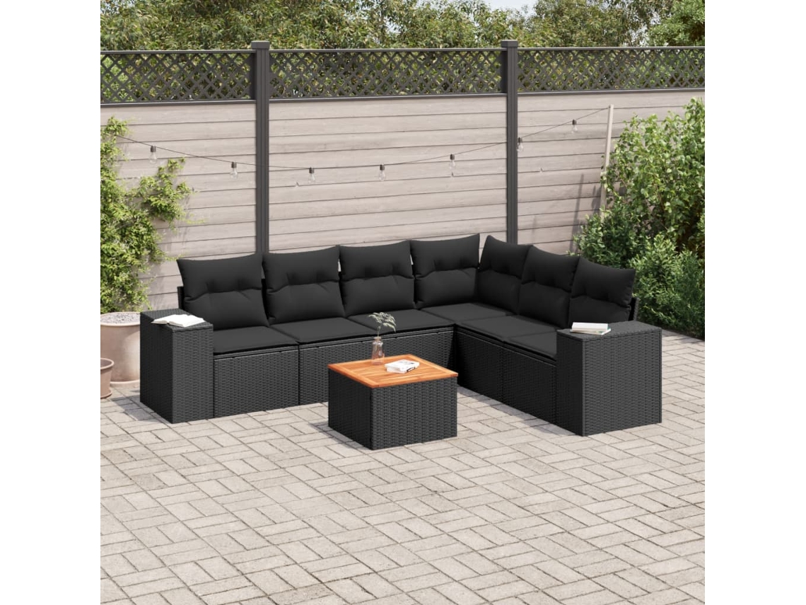 Vidaxl 7 Pcs Conjunto De Sofás P/ Jardim C/ Almofadões Vime Pe Preto
