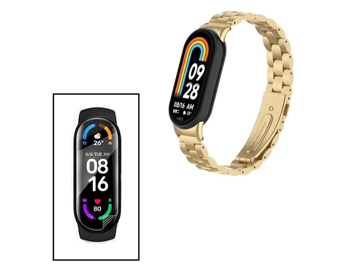 Kit Bracelete Aço Stainless Lux Ferramenta Película Protectora Ecrã Gel Full Cover Compativel com Xiaomi Smart Band 9 Ouro