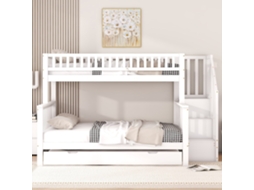Cama Beliche infantil 90x200cm ou 140x200cm madeira maciça com baú, escada, reforço segurança, branco KOMHTOM