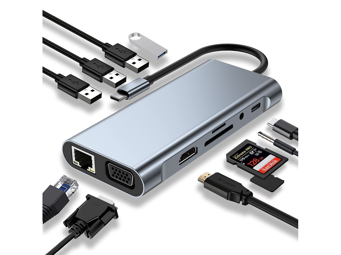 Hub Usb c, Adaptador 11 em 1 com Hdmi 4k, Vga, Usb 3.0, Leitor de Cartão Sd/tf AQUAFORGE