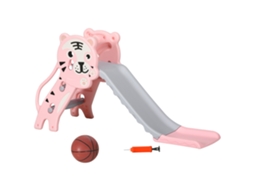 Escorrega Para Crianças 2 Em 1 Com 2 Degraus Cesta De Basquetebol E Desenho De Tigre Para Interior 133x60x70 Cm Rosa