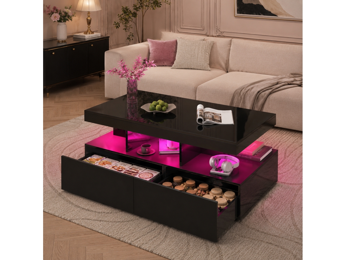 Mesa Baixa, Mesa De Salão Brilhante Com Iluminação Led Rgb, Mesa Baixa Com 2 Tiroteiras, Mesa De Agenda Para Canapé, Moderno, 104 X 46 X 53 Cm, Preto