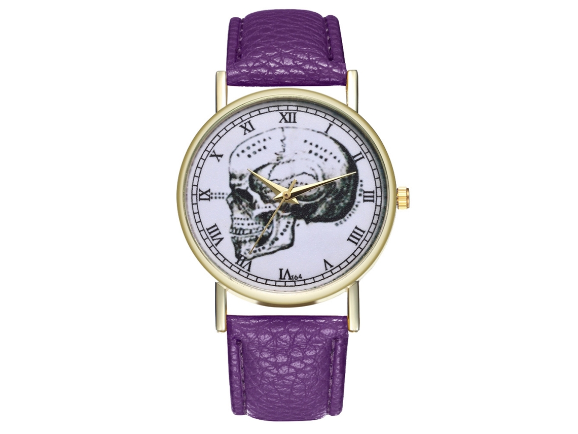 Relógio de quartzo unissex com pulseira de couro PU, estampa de caveira moderna, numerais romanos, roxo.
