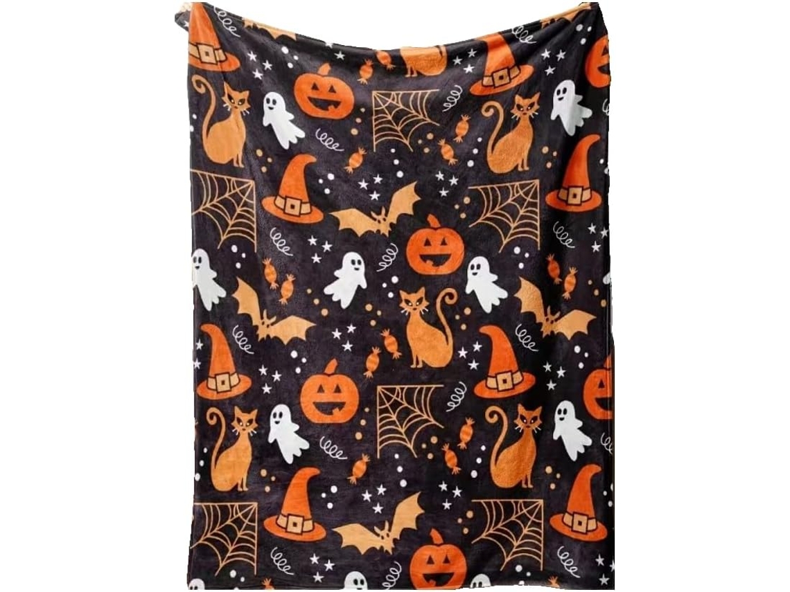 Manta Syjym de Halloween com Estampa Fantasmas e Abóboras Macia Felpuda Perfeita para Decoração Casa Sofá Cama