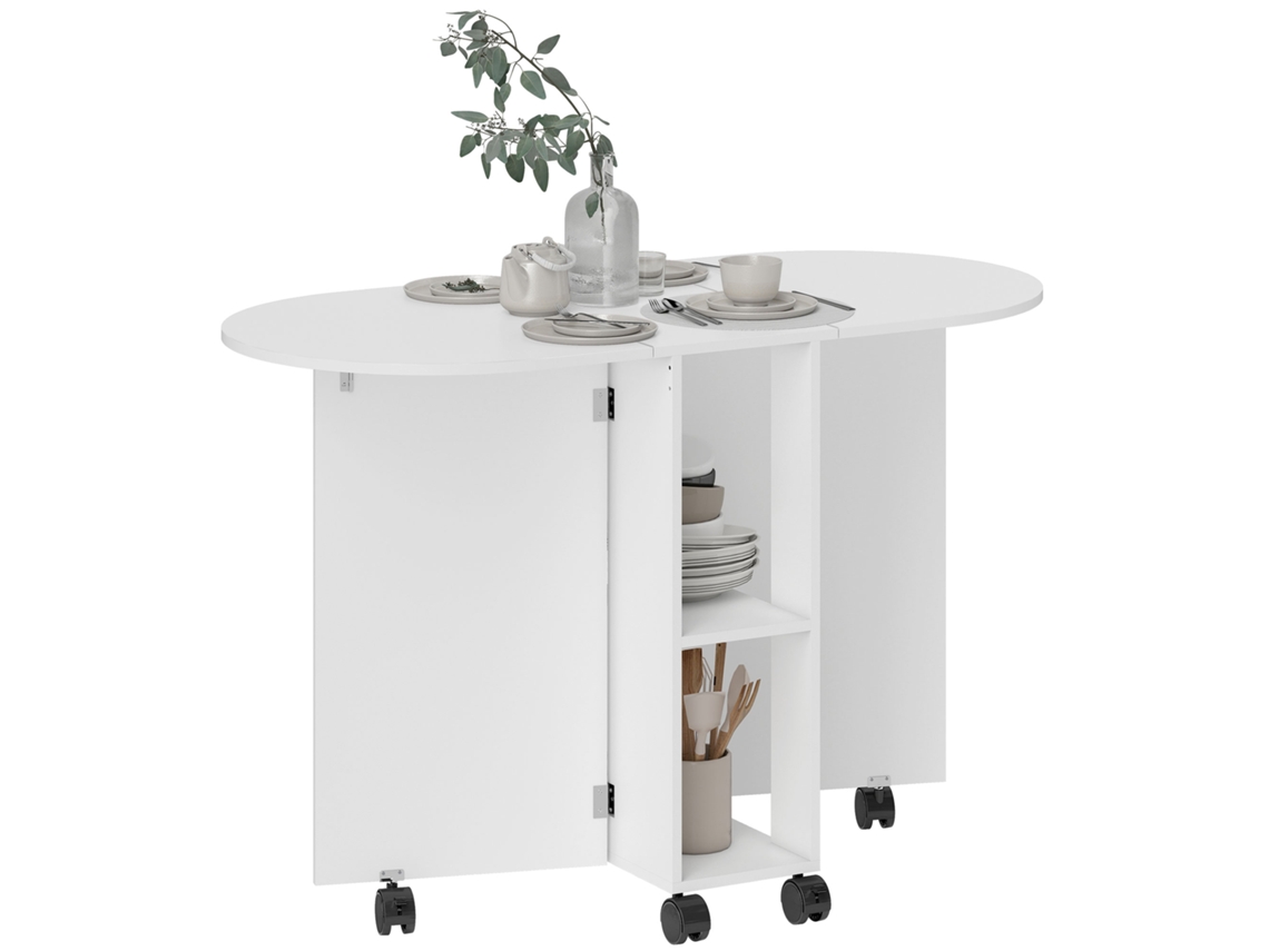 Mesa Jantar Dobrável Rodízios 2 Abas 2 Prateleiras 120x60x77 Branca