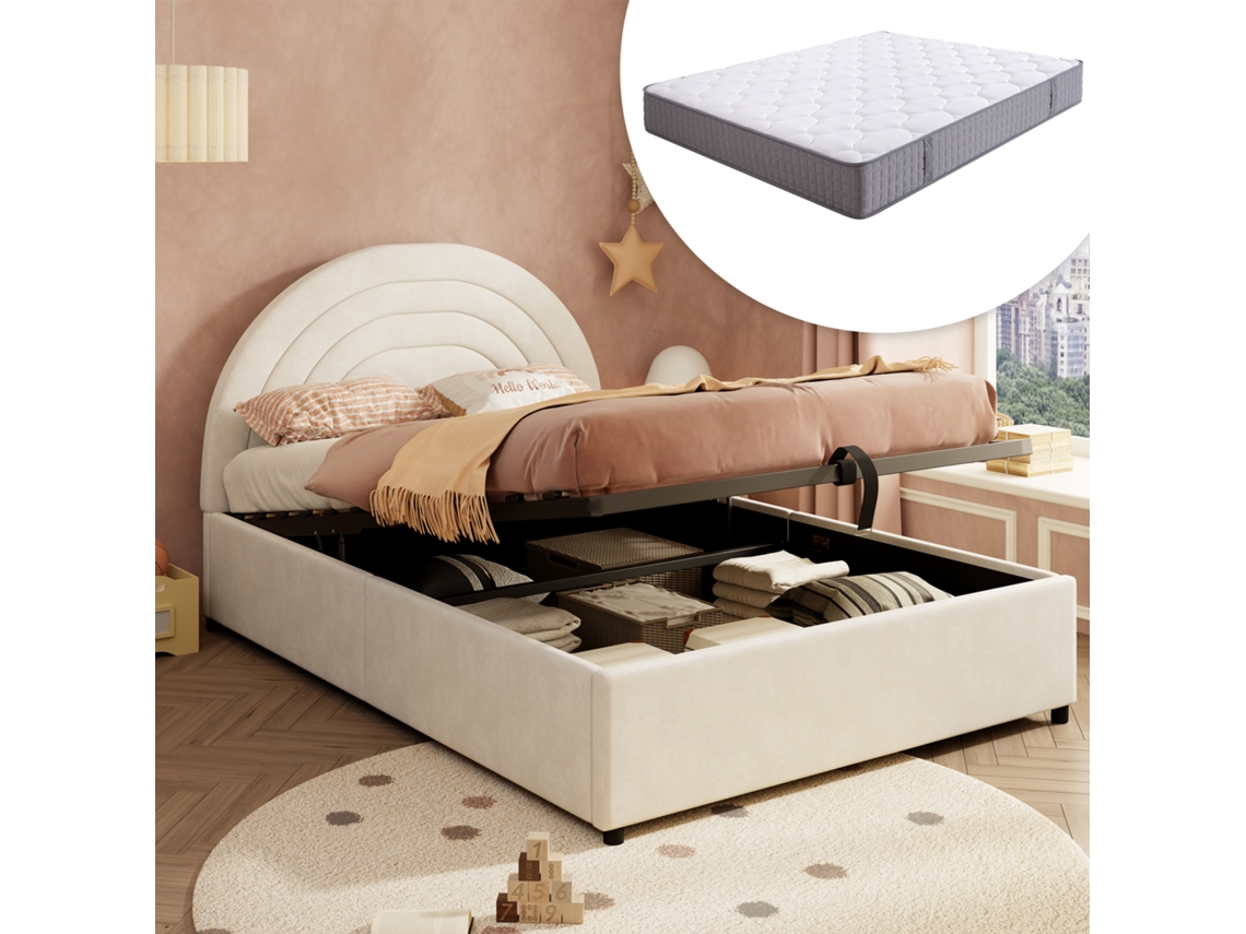 Lit Capitonné 140x200 Cm Avec Sommier, Tête de Lit, Matelas Inclus, Velours Beige, Montage Facile VSOGA