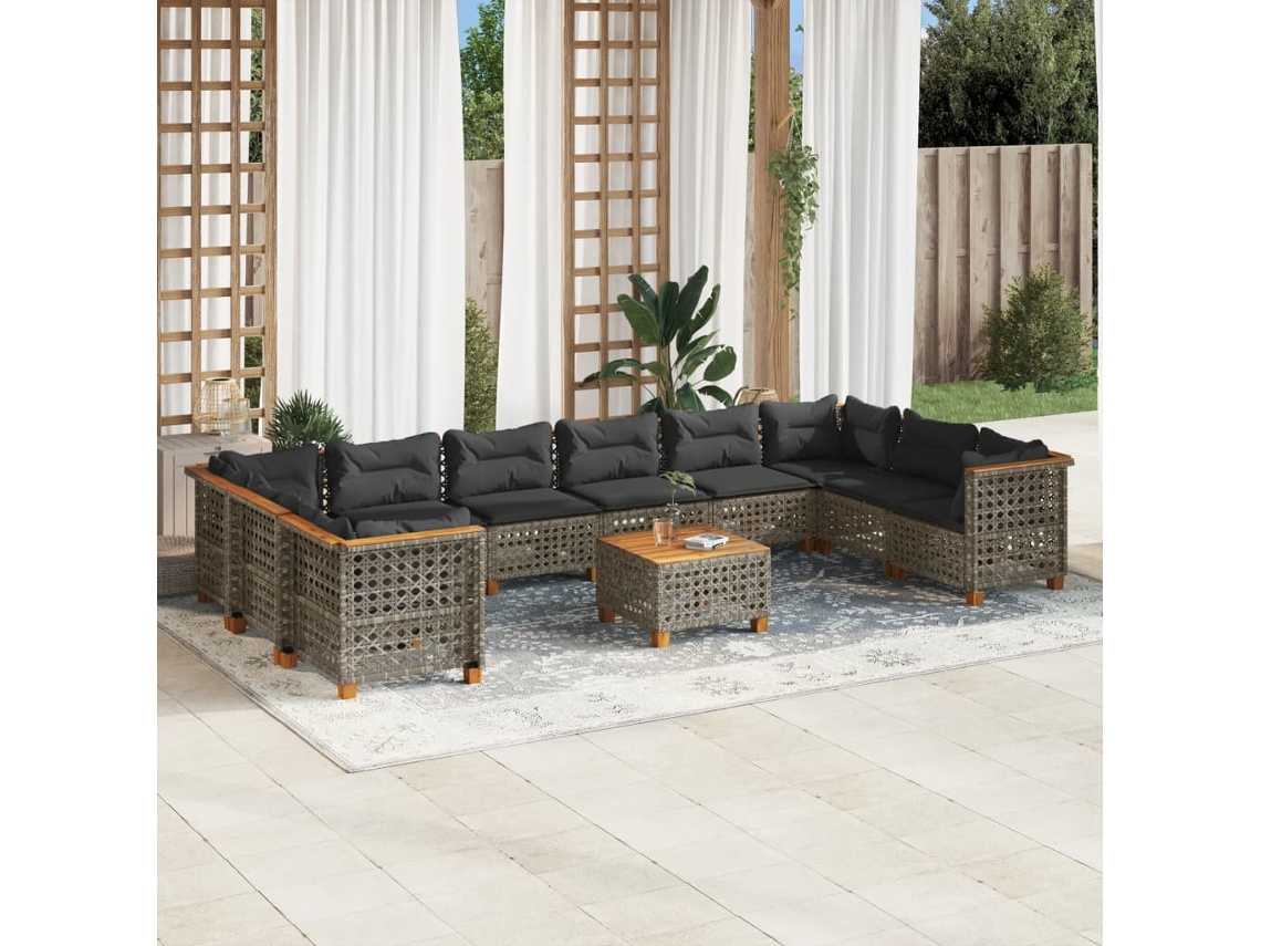 Vidaxl 11 Pcs Conjunto Sofás de Jardim C/ Almofadões Vime Pe Cinzento