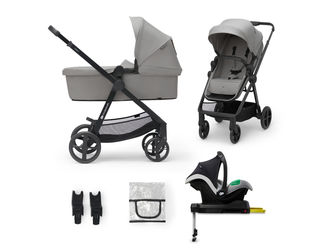 Carrinho de Bebé Kinderkraft NEWLY 4 em 1 com Cadeira Auto MINK PRO i-Size, Dobrável e Leve Cinzento