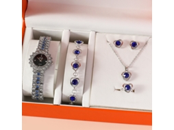 Conjunto de Presente Feminino com Relógio, Colar, Pulseira de Safira, Anel, Brincos e Caixas SPQMENT
