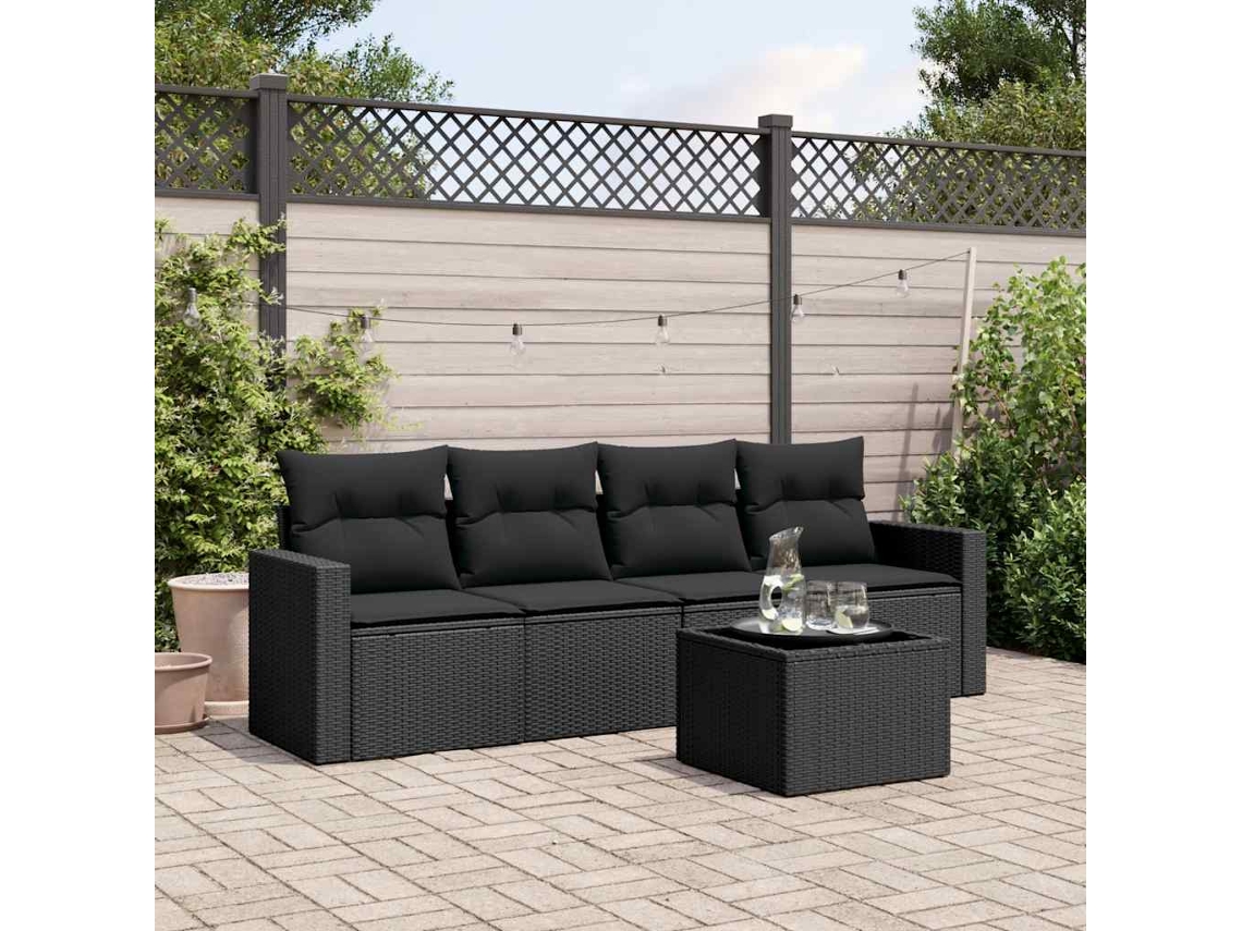 Vidaxl 5 Pcs Conjunto Sofás De Jardim Com Almofadões Vime Pe Preto