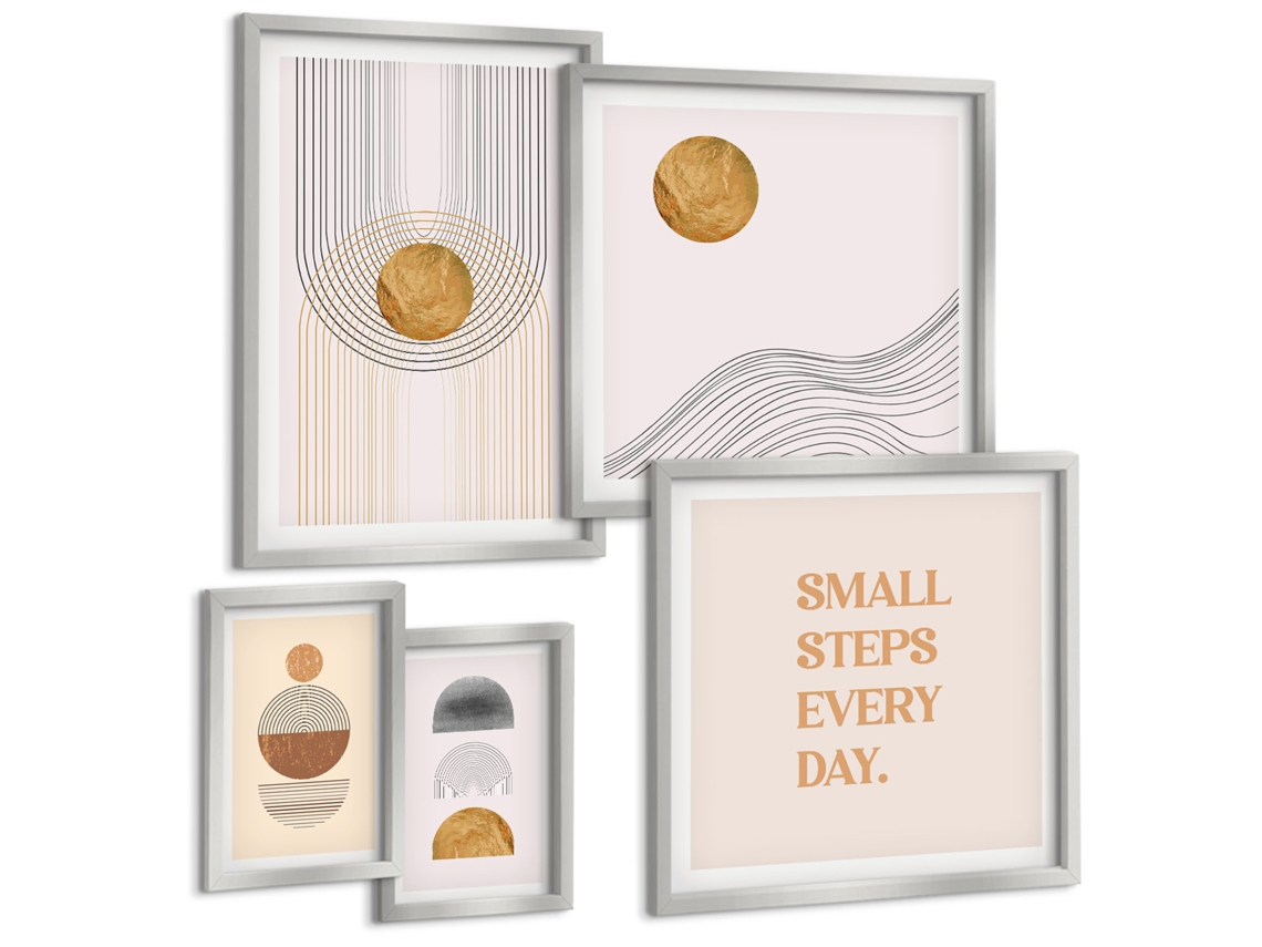 Quadros Decorativos Para Parede Figuras Abstratas Em Tons Pastel Moldura Prateada Fotos Para O Escritório Espelharte (conjunto De 5 Imagens)