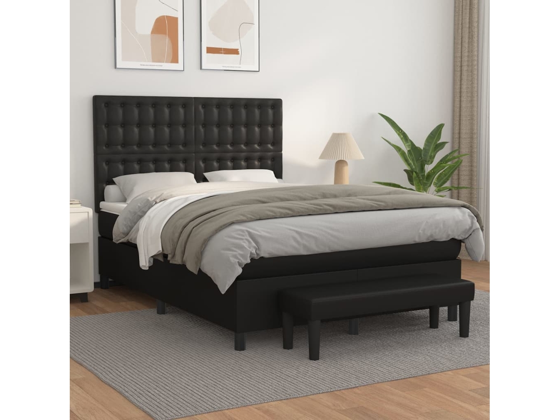 Cama Com Molas/colchão 140x200 Cm Couro Artificial Preto