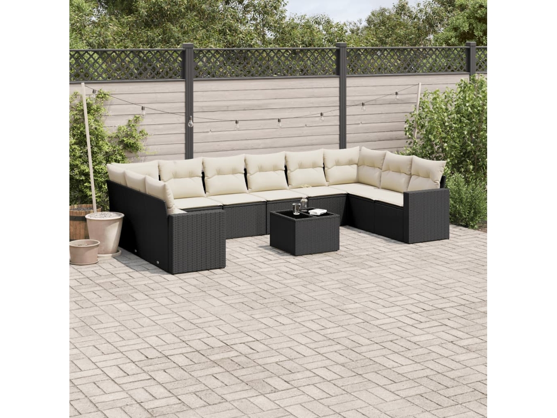 Vidaxl 11 Pcs Conjunto Sofás De Jardim C/ Almofadões Vime Pe Preto