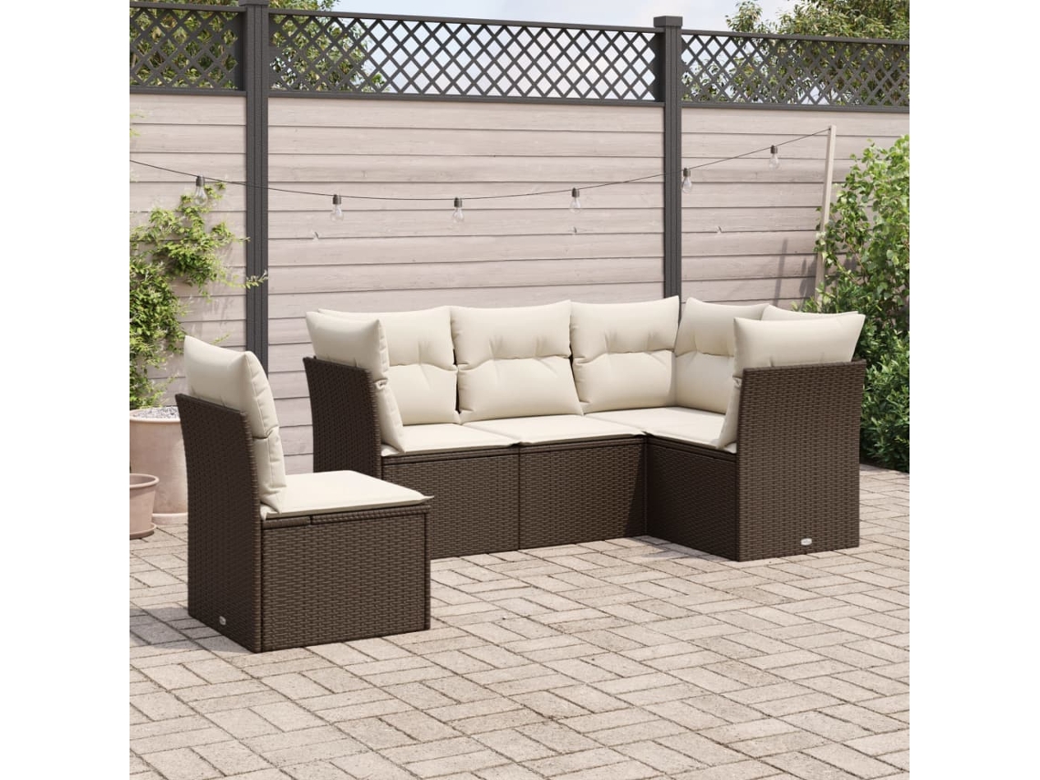 Vidaxl 5 Pcs Conjunto Sofás P/ Jardim C/ Almofadões Vime Pe Castanho