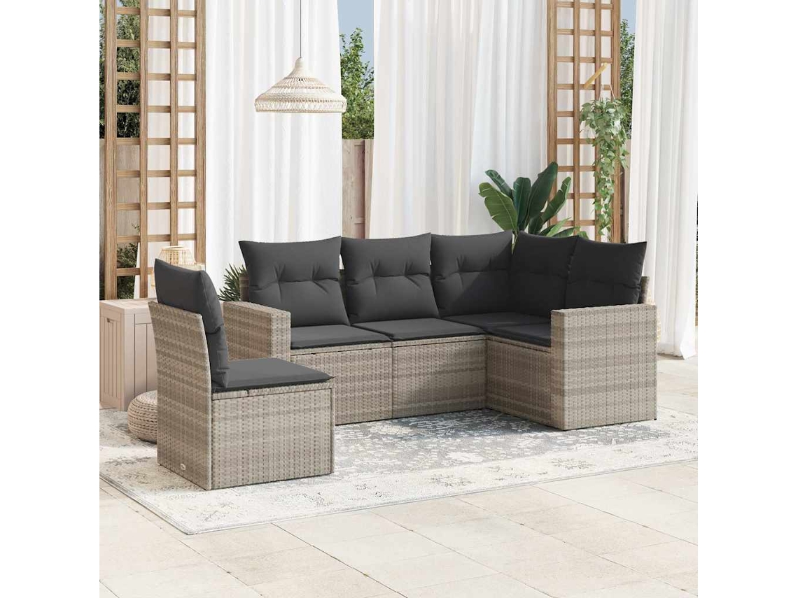 Vidaxl 5 Pcs Conj. Sofás Jardim C/ Almofadões Vime Pe Cinzento-claro
