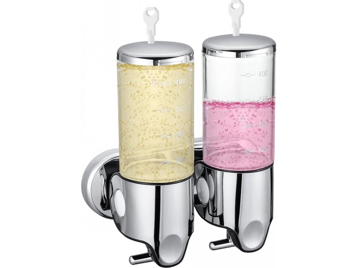 Dispensador de Shampoo prateado MDUG com dois compartimentos, capacidade para 2 frascos de 500 ml