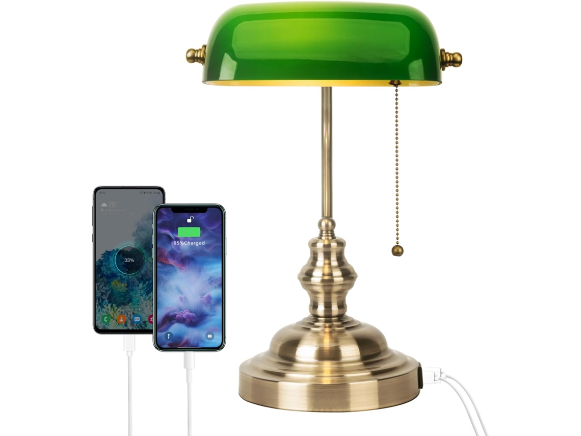 Luminária De Mesa Firvre Em Vidro Verde, Estilo Banqueiro, Com Soquete E27, Design Clássico, Porta Usb Para Carregamento