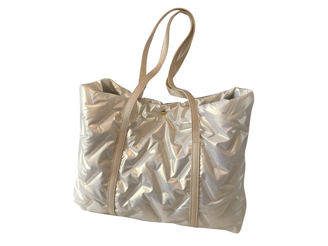 Bolsa de Ombro Simples Plumária Preenchida Quilted Cor Unicolor para Viagem Bege