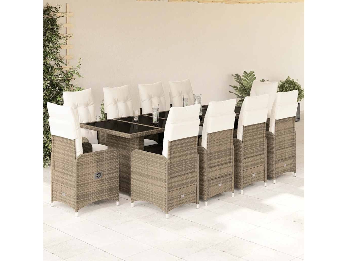 11 Pcs Conjunto De Bistrô P/ Jardim C/ Almofadões Vime Pe Bege Dkd Home Decor