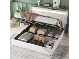 Cama estofada 180x200 cm com elevação hidráulica, LED multicolorido, USB, estrutura branca lisa VSOGA