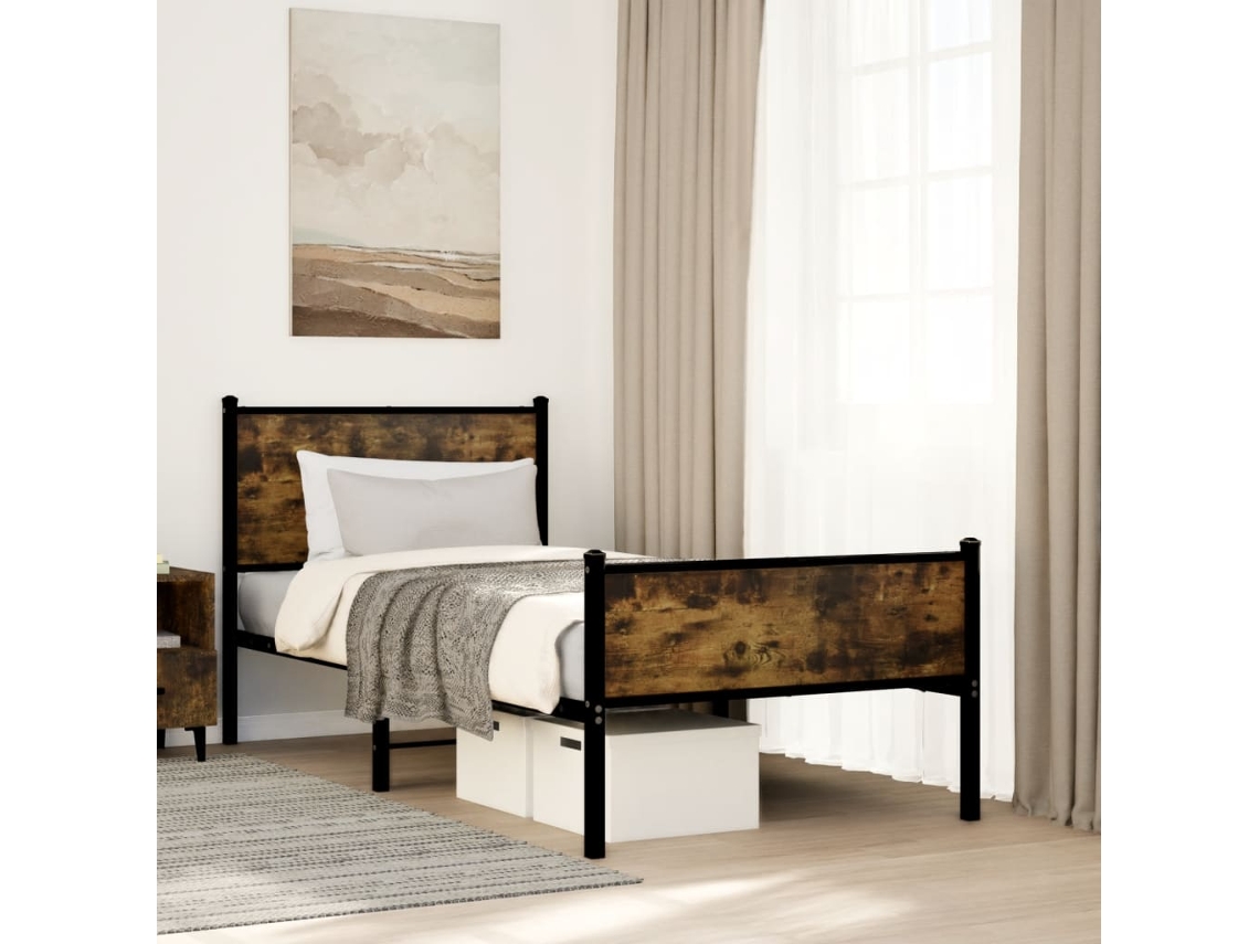 Vidaxl Estrutura De Cama Sem Colchão 90x200 Cm Metal Carvalho Fumado