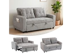 Sofá-cama 2 Lugares, Veludo Cotelê, 2 Almofadas, Bolsos Laterais, 157x190cm, Cinza Claro