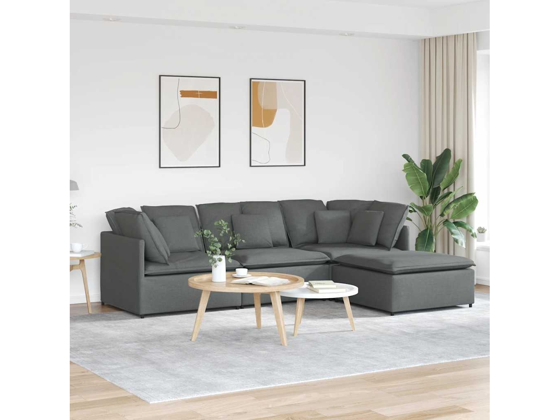 Vidaxl Sofá Modular com Pufes e Almofadas Tecido Cinzento escuro