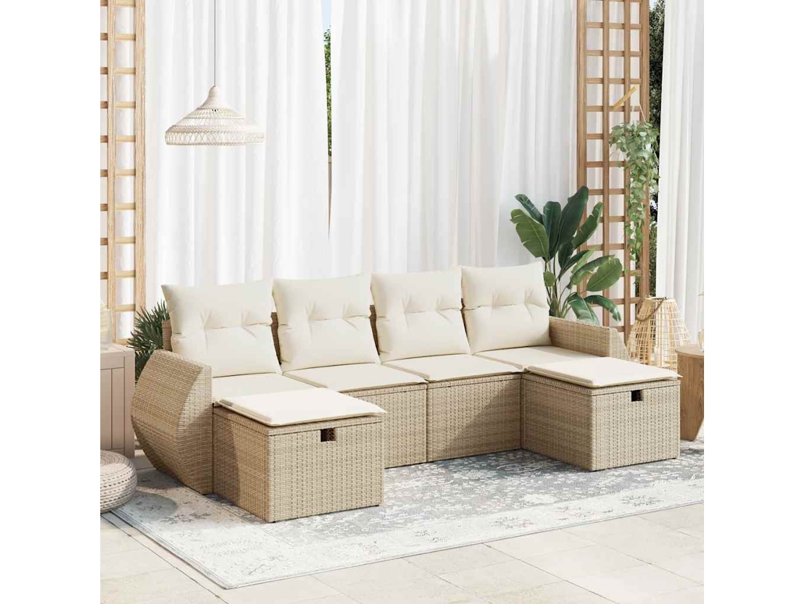 Vidaxl 6 Pcs Conjunto De Sofás P/ Jardim Com Almofadões Vime Pe Bege
