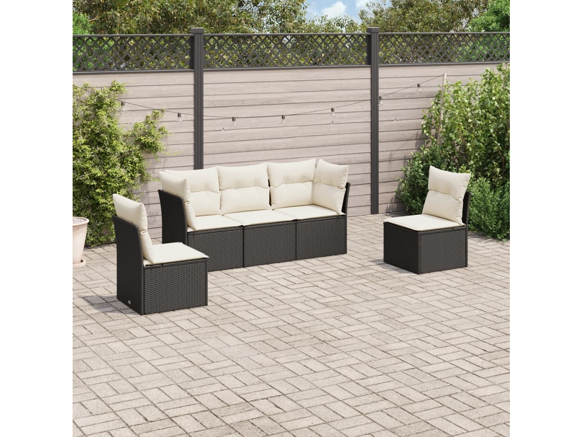 Vidaxl 5 Pcs Conjunto Sofás De Jardim Com Almofadões Vime Pe Preto