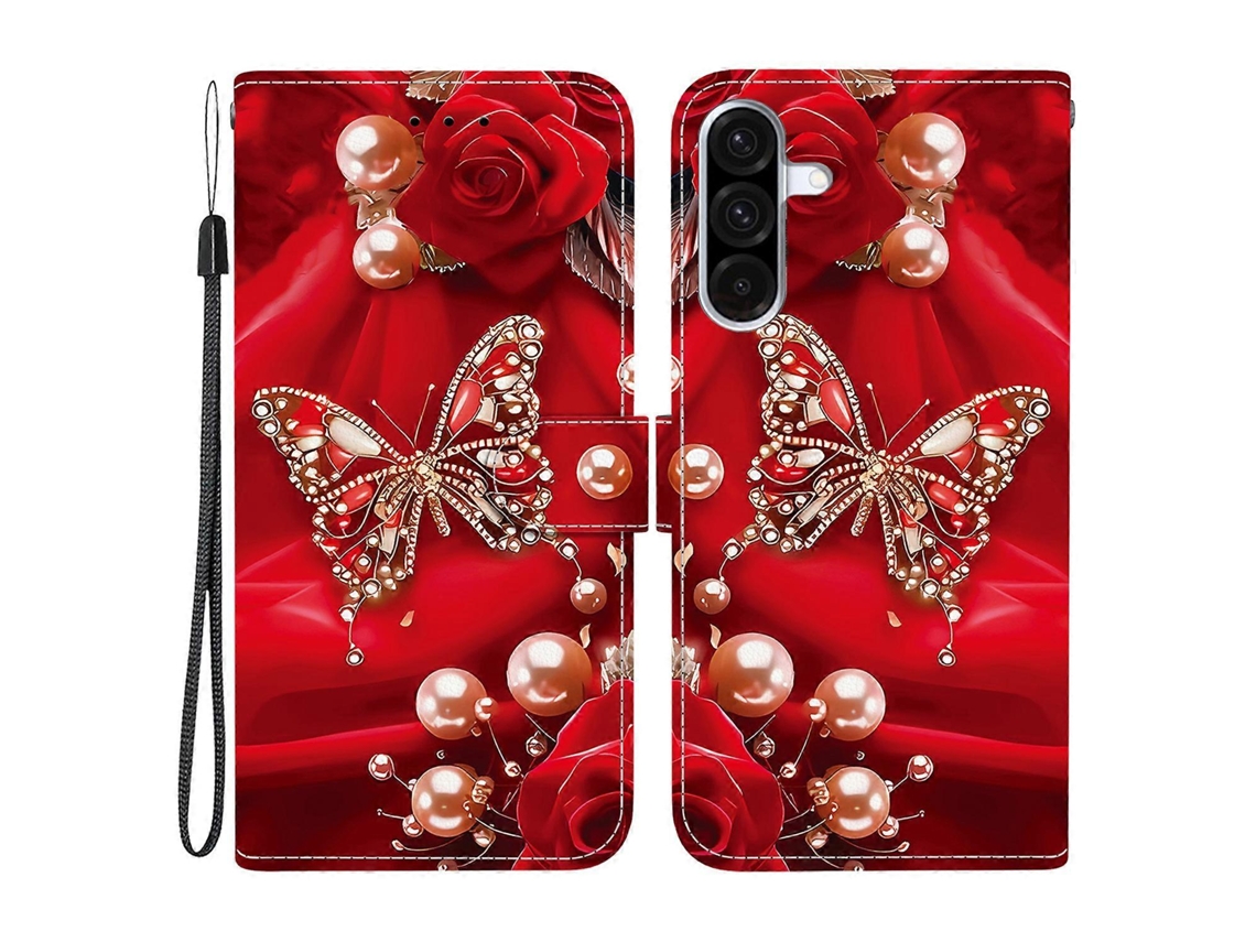 Capa De Couro Tkdaddy Para Samsung Galaxy A36 5g Com Suporte, Carteira, Estampa, Capa Para Celular Com Alça De Pulso, Pérola, Borboleta, Rosa