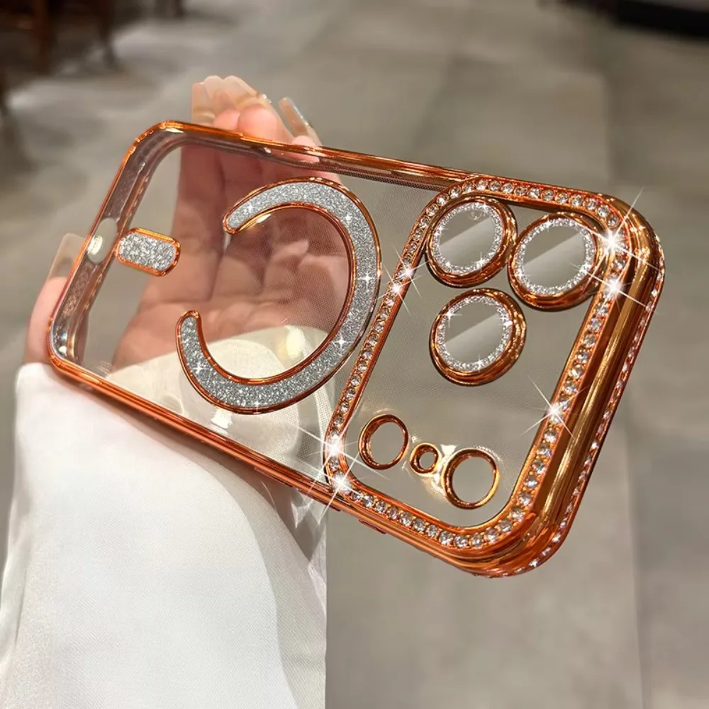 (iphone 17 Pro, Laranja) Capa Magnética Para Iphone, Capa Transparente E Macia Com Diamantes Brilhantes, Proteção Total Para A Câmera.