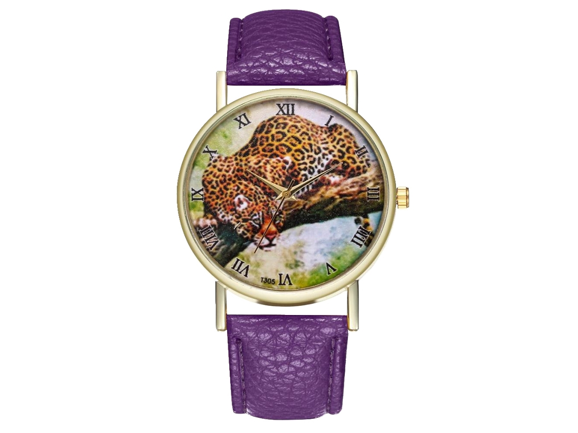 Relógio de Pulso Unissex de Quartzo com Pulseira de Couro Pu Padrão Leopardo Roxo