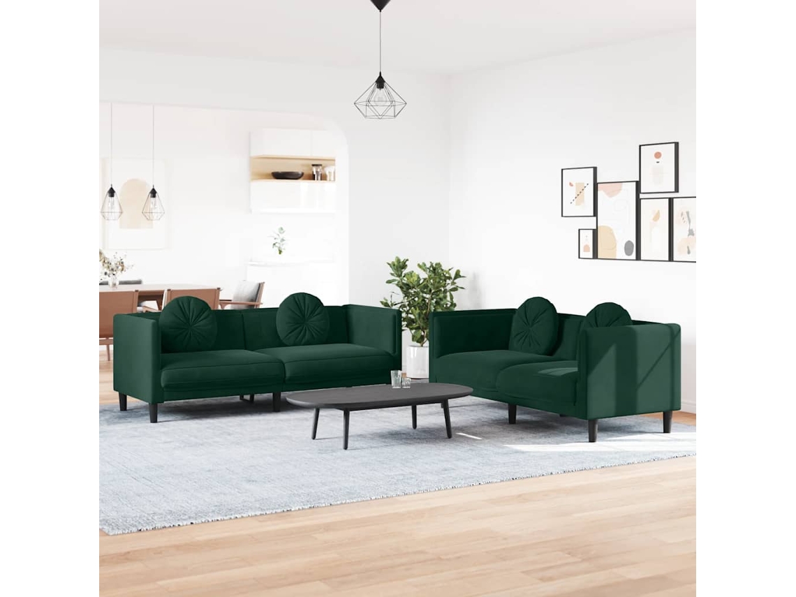 Vidaxl 2 Pcs Conjunto De Sofás Com Almofadas Veludo Verde-escuro