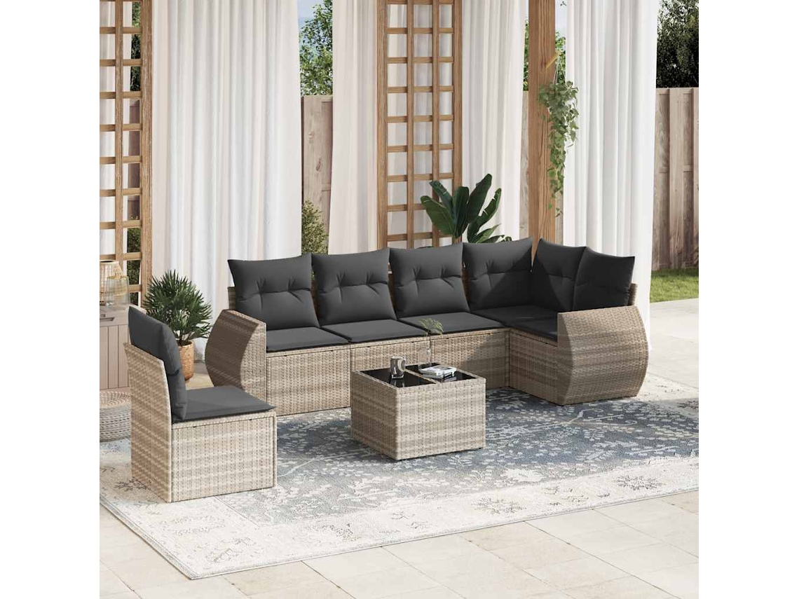 Vidaxl 7 Pcs Conj. Sofás Jardim Com Almofadões Vime Pe Cinzento-claro