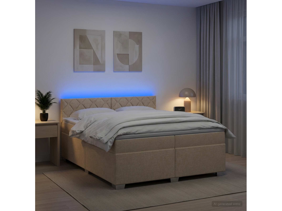 Vidaxl Cama Box Spring Com Colchão E Led Creme 200 X 200 Cm Tecido