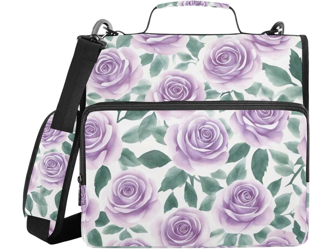 Pasta de 3 Argolas 1, 5 Polegadas com estampa floral de rosas vermelhas e alça, inclui bolsa com zíper e saco para guardar.