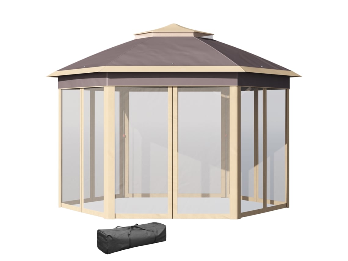 Gazebo hexagonal 4,05x3,4x2,85 m com teto duplo 6 mosquiteiros removíveis bolsa e proteção UV ORBITRA COMMERCE