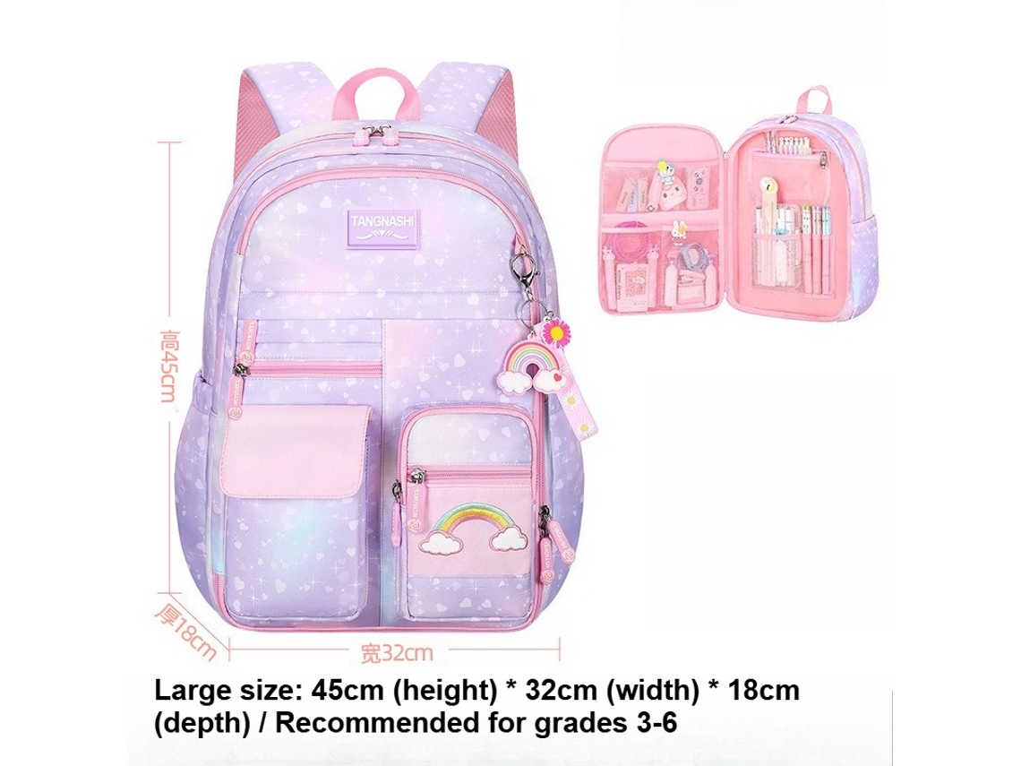 Mochila Escolar Fofa E Espaçosa, Projetada Para Proteger A Coluna.tamanho Grande Em Degradê Roxo (com Ornamento De Arco-íris)