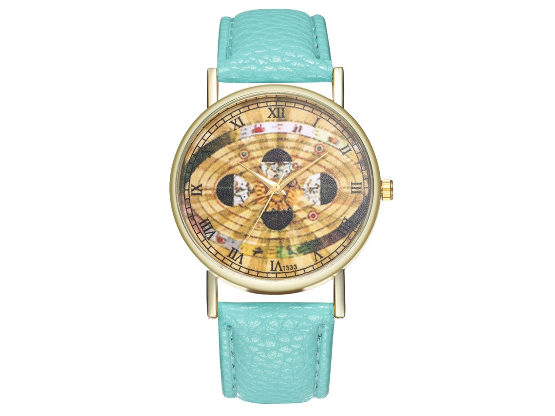Relógio de pulso Zhoulianfa Quartz com pulseira de PU e mostrador redondo com padrão espacial (verde menta)