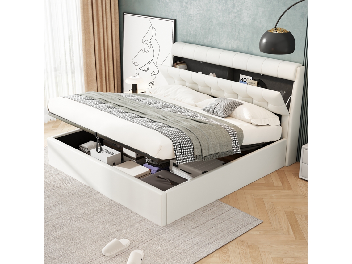 Cama Casal Branca 140x200cm Estofada, Pu, Hidráulica, Cabeceira Oculta (s/ Colchão).-op