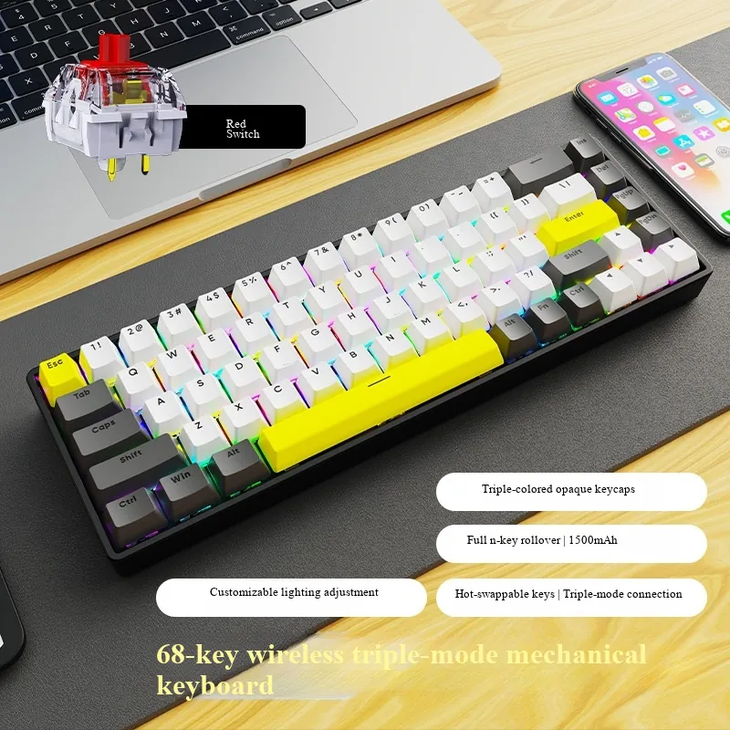 Ak68 Teclado Mecânico Personalizado Sem Fio Tripla - Pbt - Vermelho - Cinza Branco Amarelo