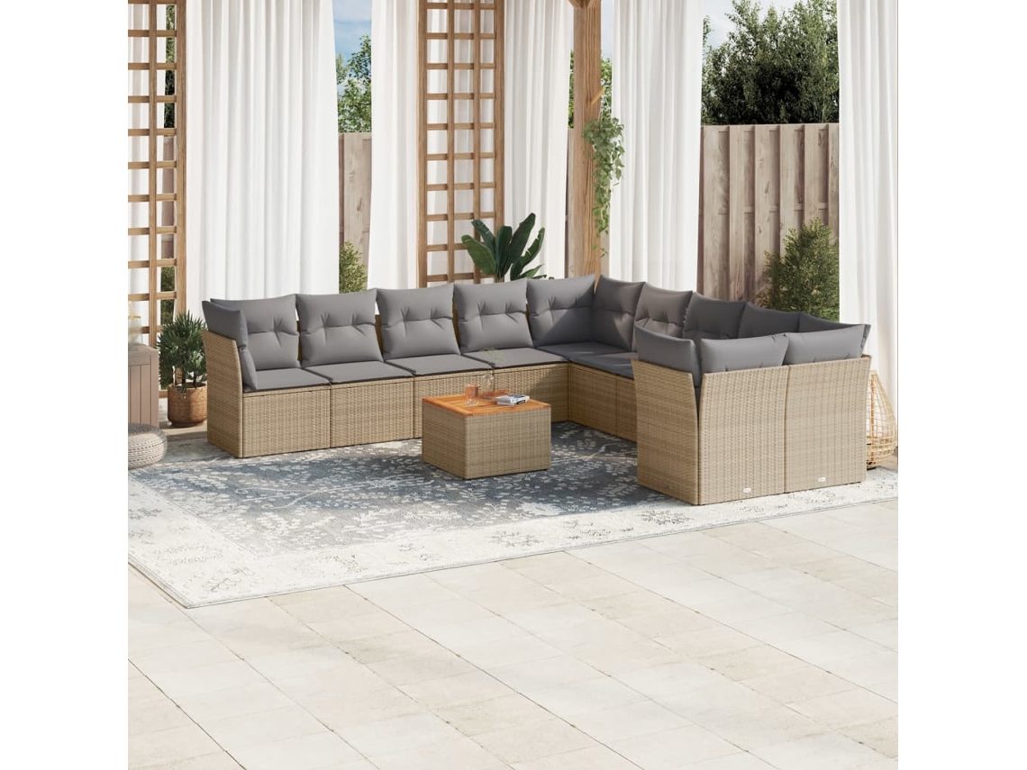 Vidaxl 11 Pcs Conjunto Sofás De Jardim C/ Almofadões Vime Pe Bege