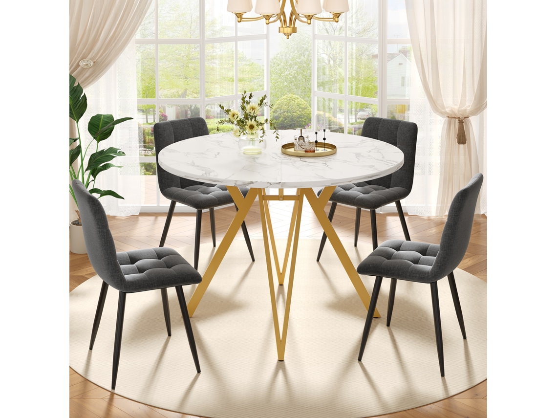 Conjunto Jantar 5pç, Mesa Redonda 100cm Mármore + 4 Cadeiras Cinza, Pernas Douradas.-qq