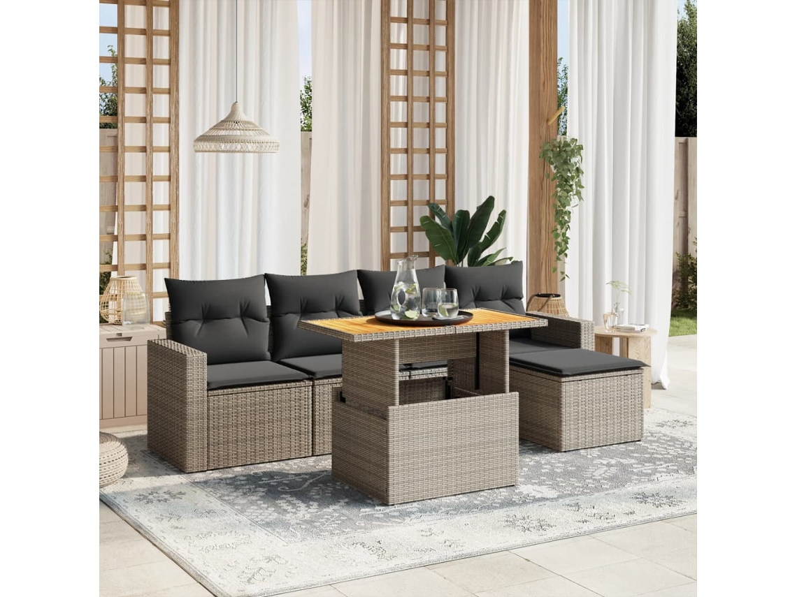 Vidaxl 6 Pcs Conjunto Sofás De Jardim Com Almofadões Vime Cinzento