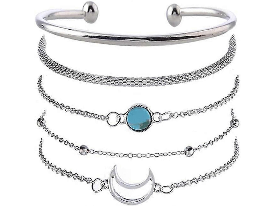 Conjunto De 5 Pulseiras De Prata Com Pingente De Lua, Turquesa E Pérolas, Para Mulheres E Meninas. Nostalgia88